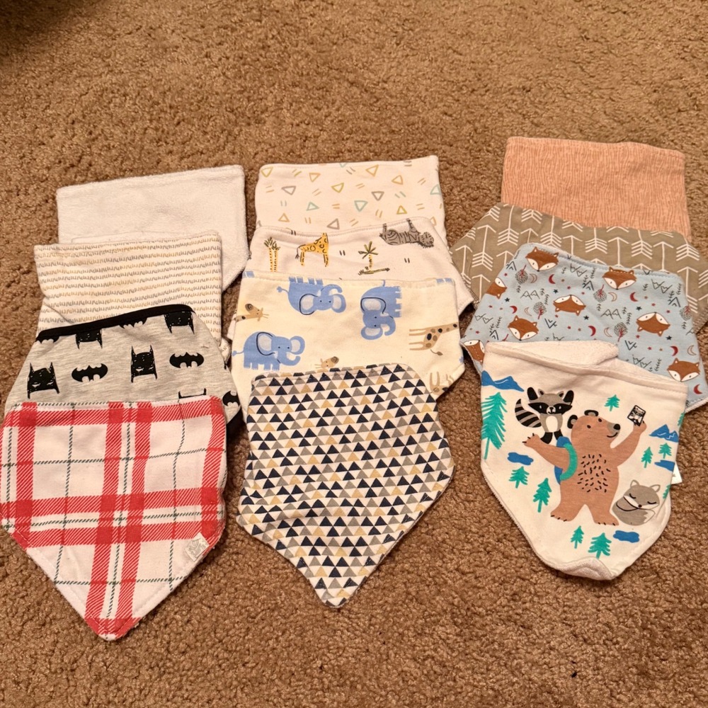 Mixed Lot 12 Baby Bandana Drool Bibs Batman Woodland Safari Plaid Prints